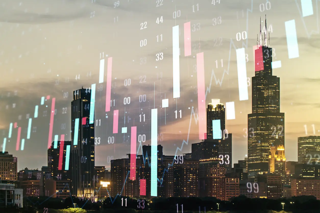 chart hologram on Chicago skyscrapers background